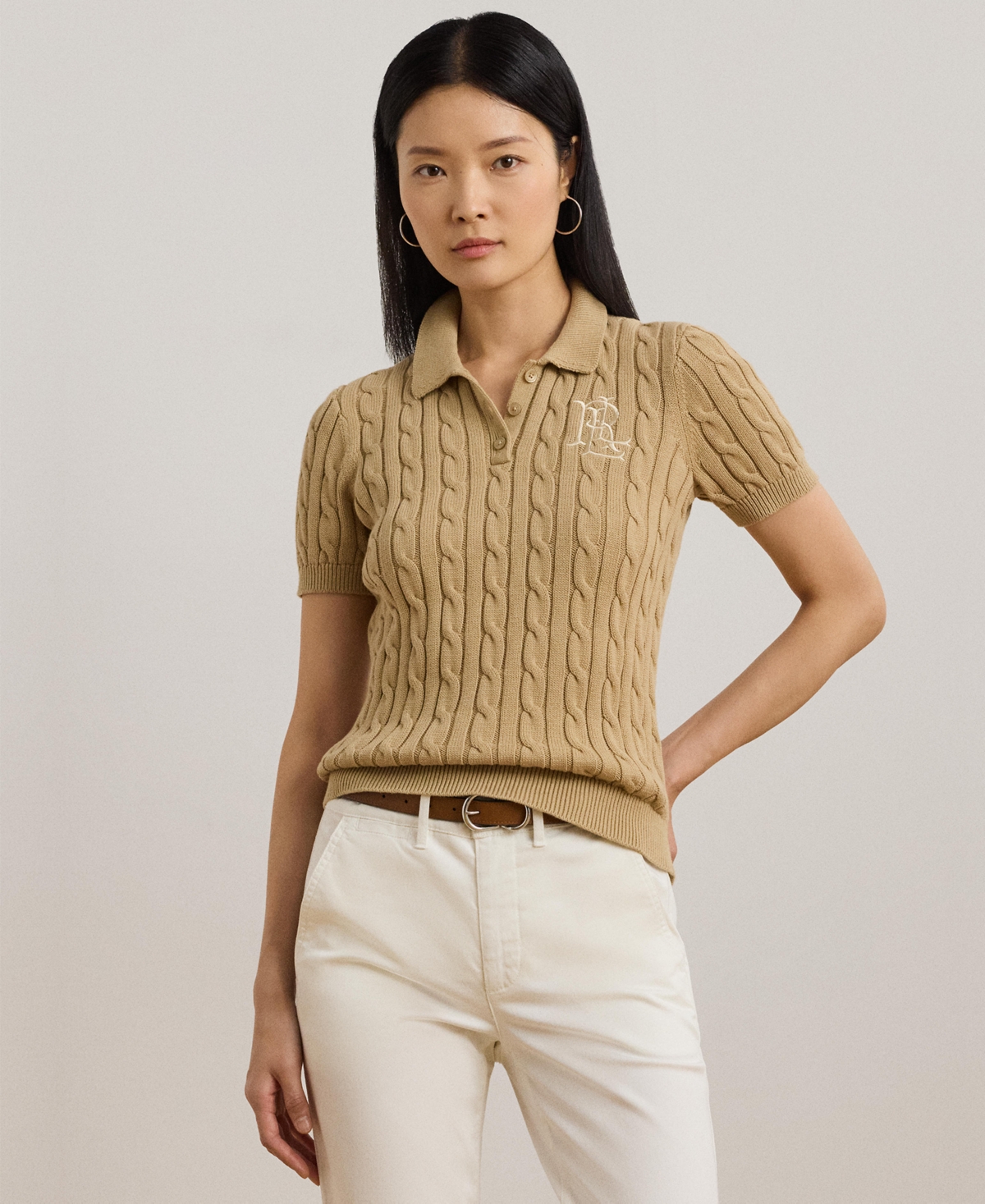 Ralph Lauren Cable-knit Cotton Polo Sweater In Birch Tan