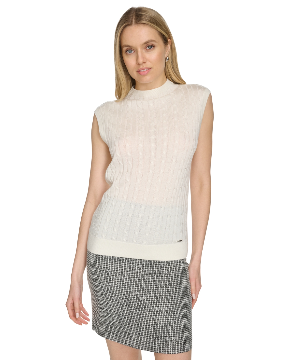 Shop Calvin Klein Petite Crewneck Cap-sleeve Sweater Top In Cream