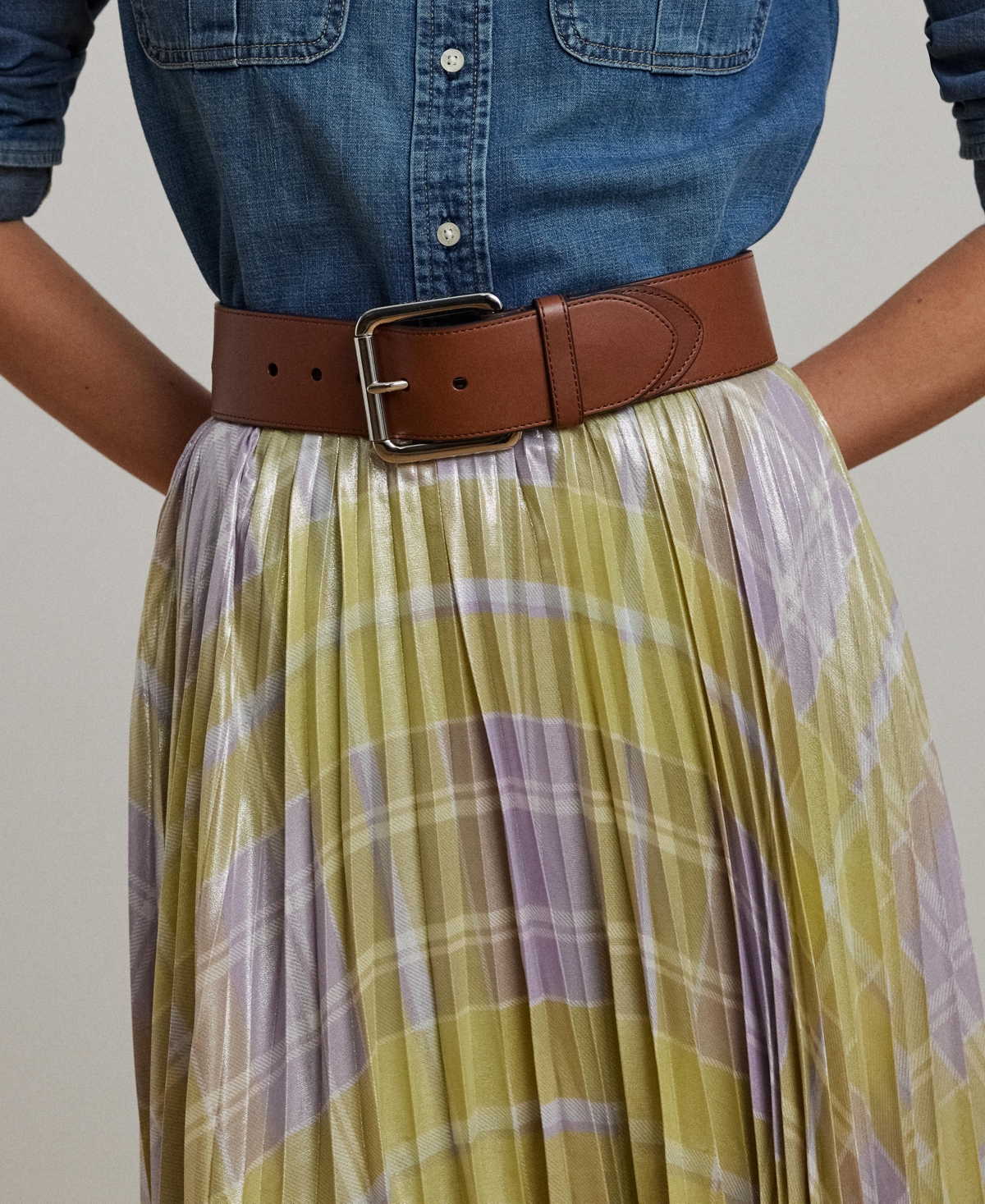 RALPH LAUREN WOMEN'S CHECKED PLAID PLEATED GEORGETTE SKIRT 
