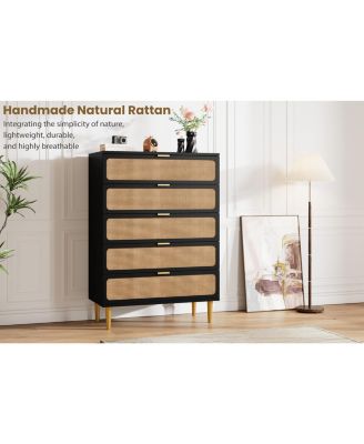 5-Drawer MDF Rattan Design with Metal Legs, Deep Drawers & Reinforced Frame Tall Bedroom Dresser