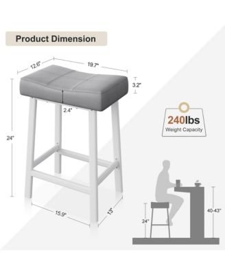 Set of 2 Ergonomic 24" Counter Height Bar Stools with Curved PU Leather Seat, Metal Frame, Integrated Footrest, Supports 240 lbs