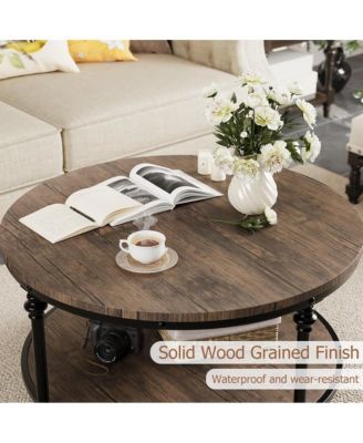 Coffee Table Round Center Table with Storage Shelf Wooden Circle Coffee Table with Sturdy Metal Legs Rustic 2-Tier Industrial Accent Center Table