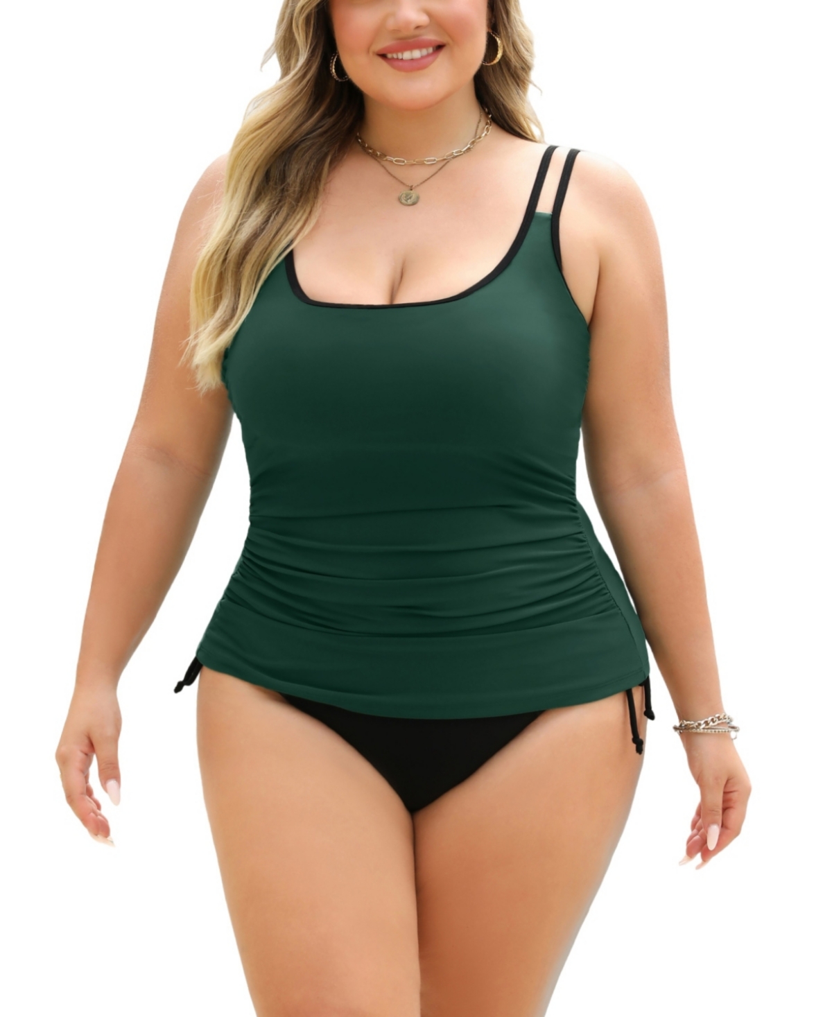Women's Plus Size Double Straps Adjustable Side Drawstring Tankini Sets - Green