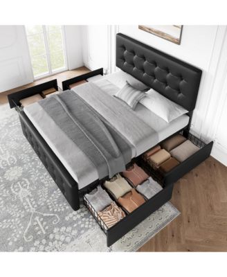 Full Bed Frame with Headboard and 4 Storage Drawers, Platform Bed Frame Square Stitched Button Tufted