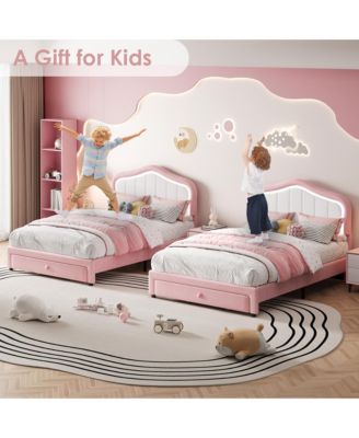 Full Upholstered Bed Frame with Storage Drawers, Cute Girls & Boys Bed with Adjustable Headboard