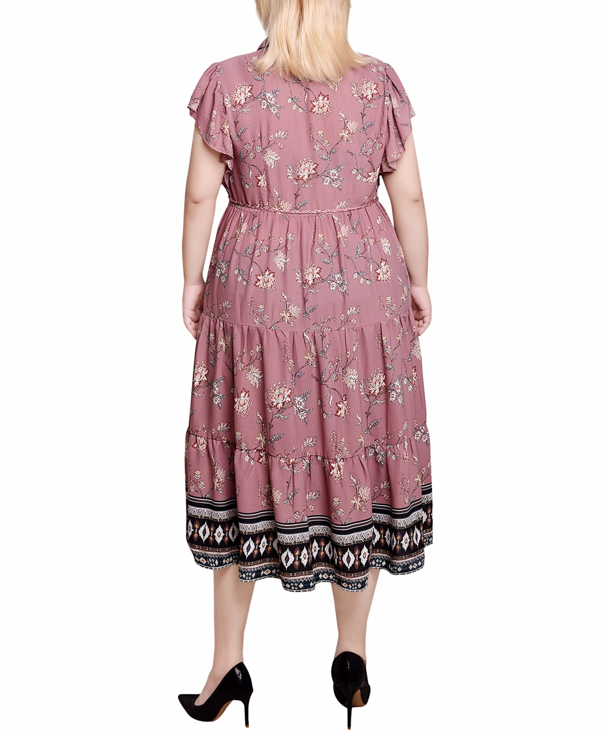 Ny Collection Plus Size Short Sleeve Tiered Border Print Dress In Mauve Floral