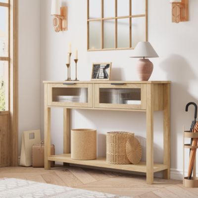 43'' Wood Narrow Glass Drawers 2 Tier Sofa Table Entryway Console Table