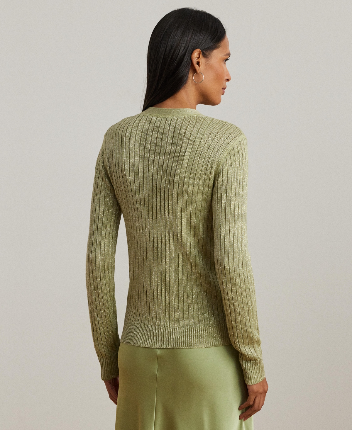 Ralph Lauren Metallic Linen-blend Rib-knit Cardigan In Light Olive