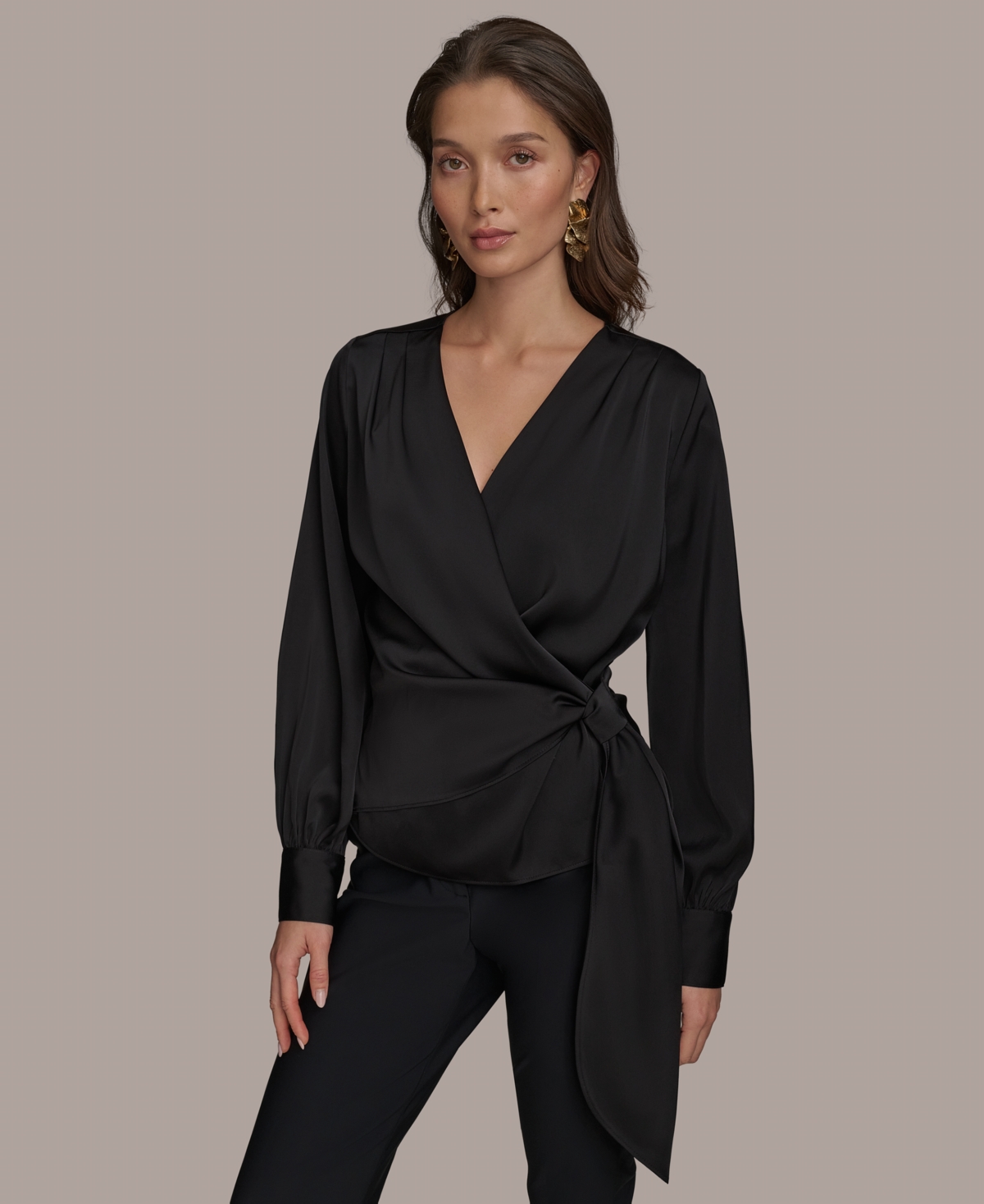 DONNA KARAN WOMEN'S FAUX-WRAP LONG-SLEEVE TOP 