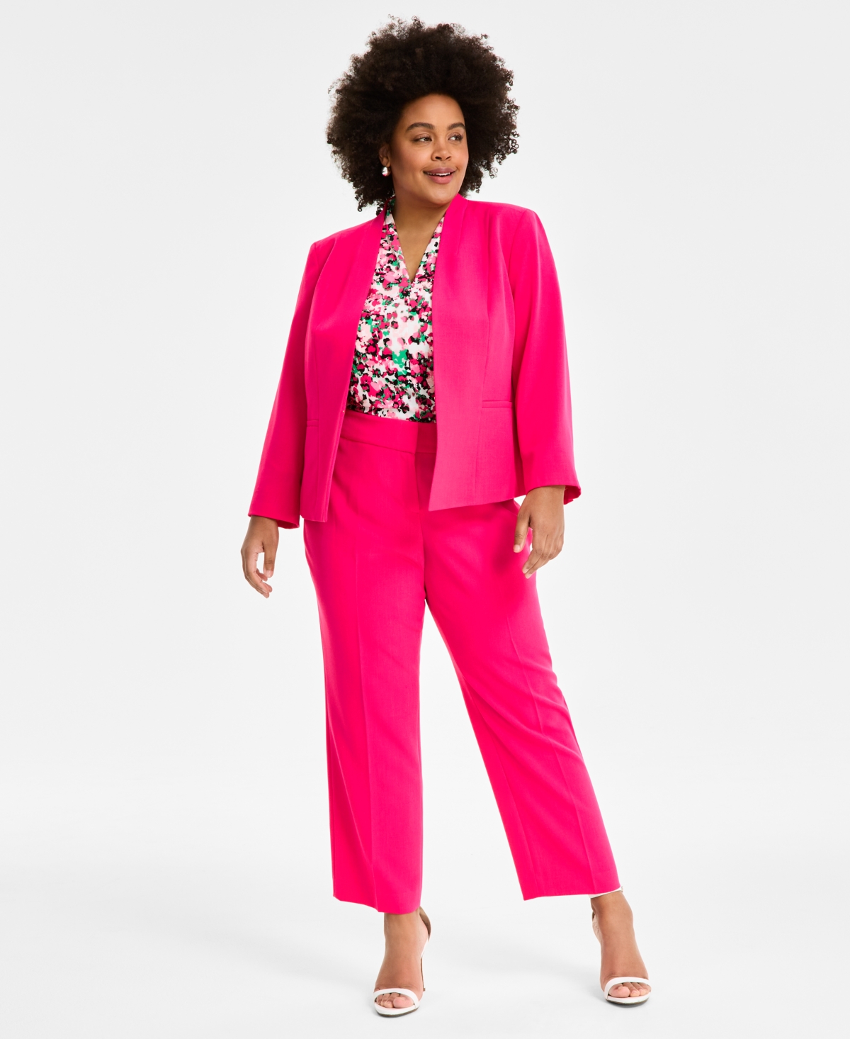 Kasper Plus Size Open Front Blazer Printed Blouse Stretch Crepe Straight Fit Suit Pants In Pink Perfection