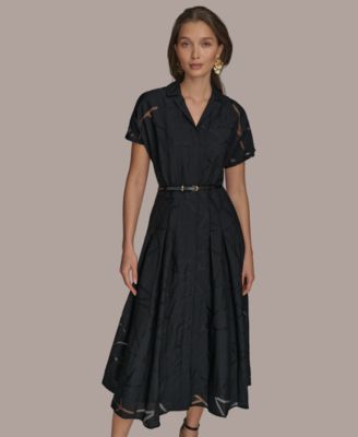 【Donna Karan New York】 Tie-Waist Shirtdress Donna Karan New York Print Tie Waist Linen Blend Midi