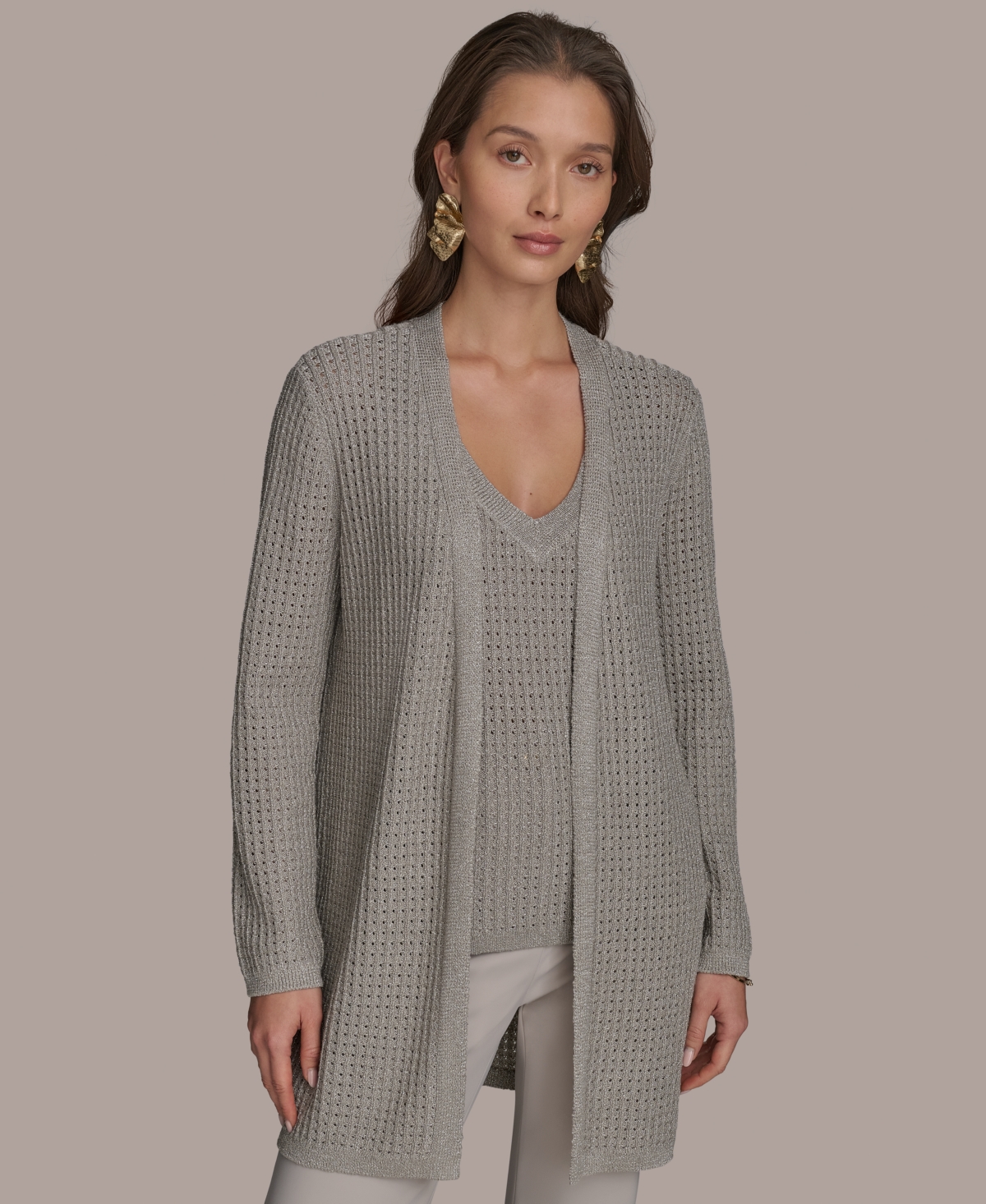 DONNA KARAN WOMEN'S METALLIC OPEN-WEAVE CARDIGAN 