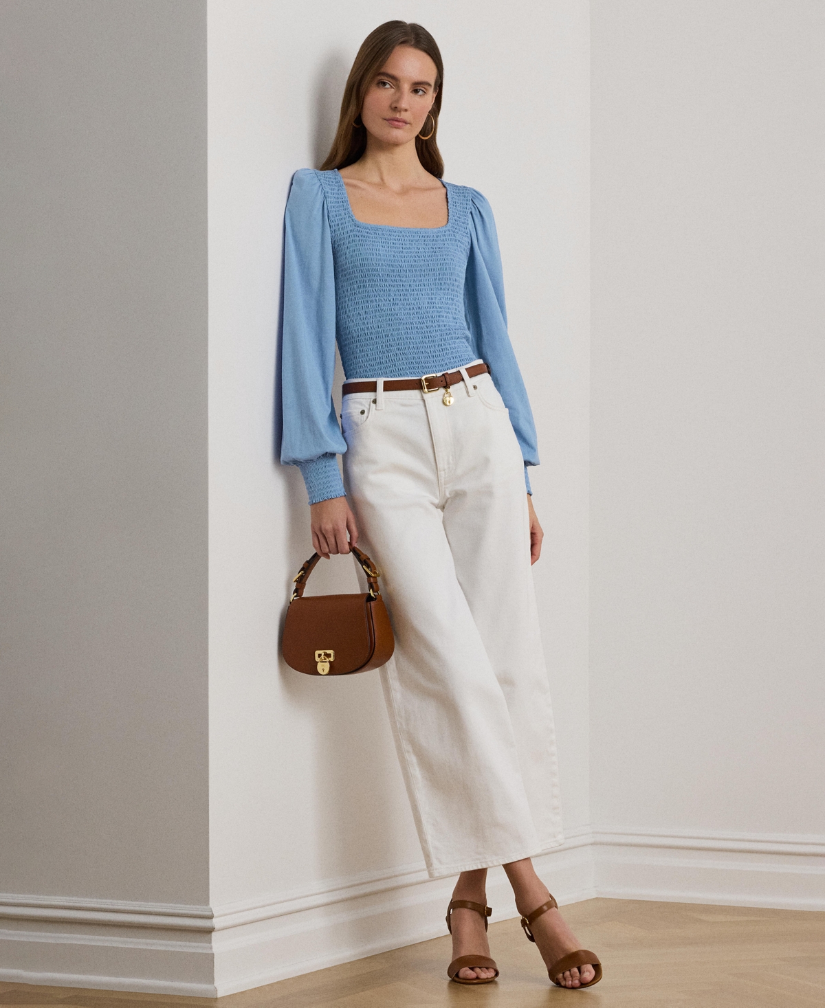 Shop Ralph Lauren Women's Smocked Jersey Blouson-sleeve Top In Sky Blue
