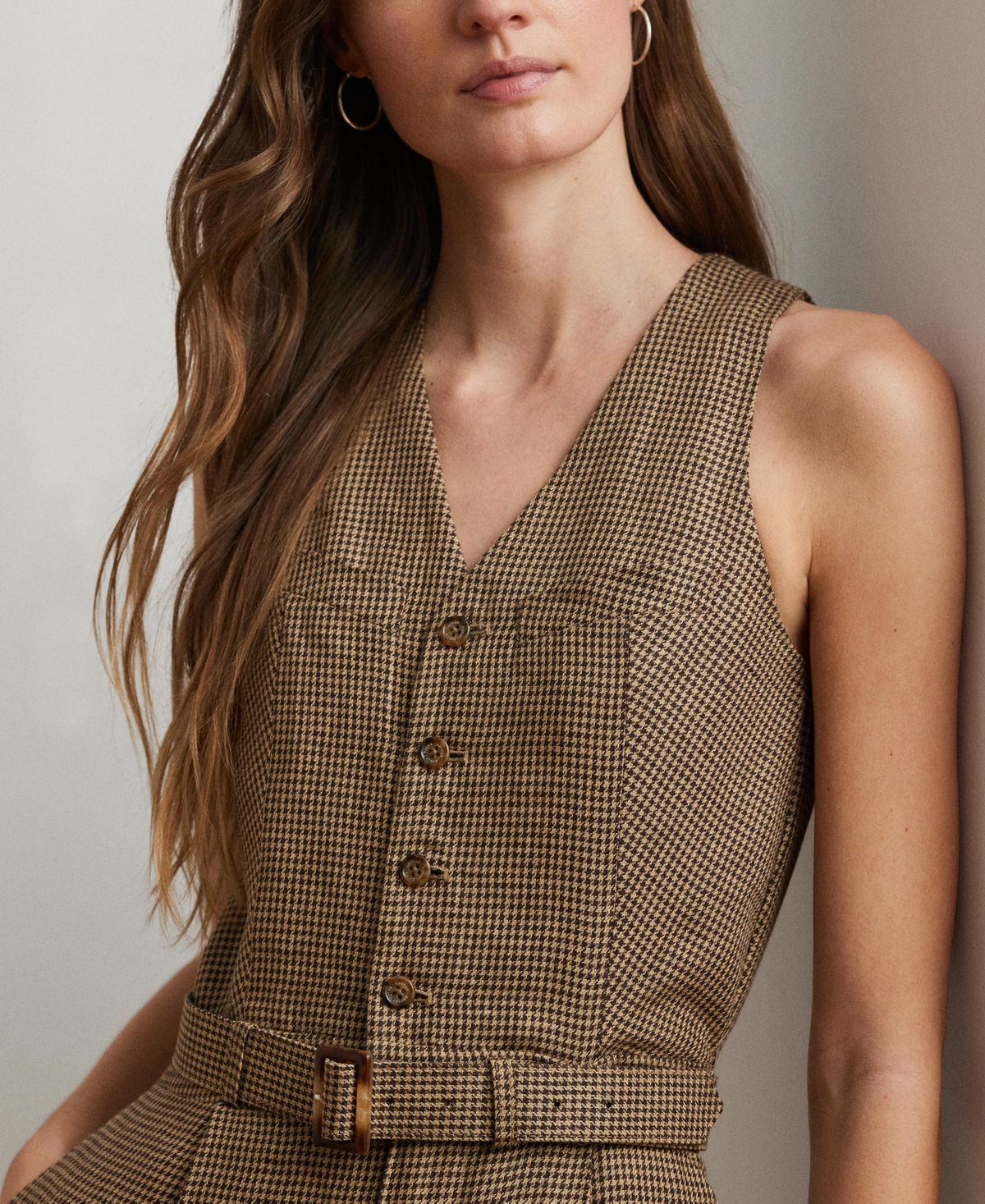RALPH LAUREN WOMEN'S HOUNDSTOOTH BELTED LINEN JUMPSUIT 