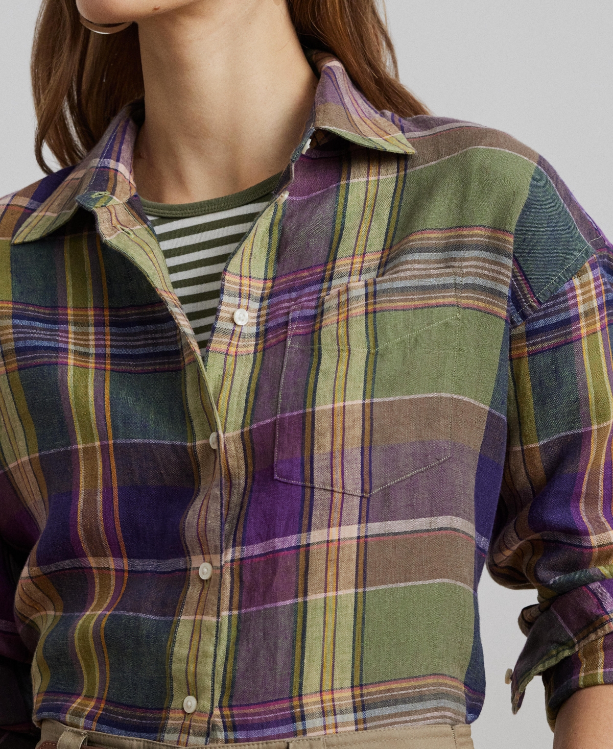 Shop Ralph Lauren Women's Relaxed-fit Plaid Linen Shirt, Regular & Petite In Purple,green Multi