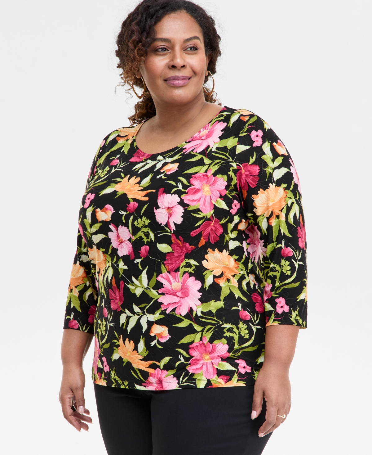 JM COLLECTION PLUS SIZE PRINTED 3/4-SLEEVE TOP, EXCLUSIVELY AT MACY'S 