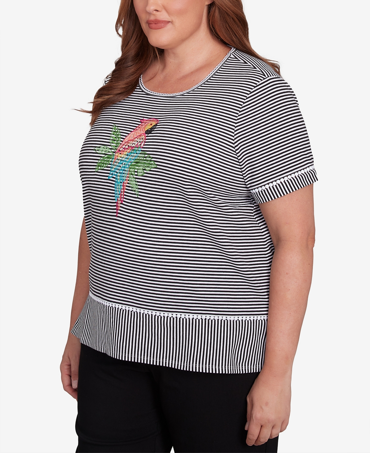 Alfred Dunner Plus Size Classic Crew Neck Parrot Striped Tee In Black
