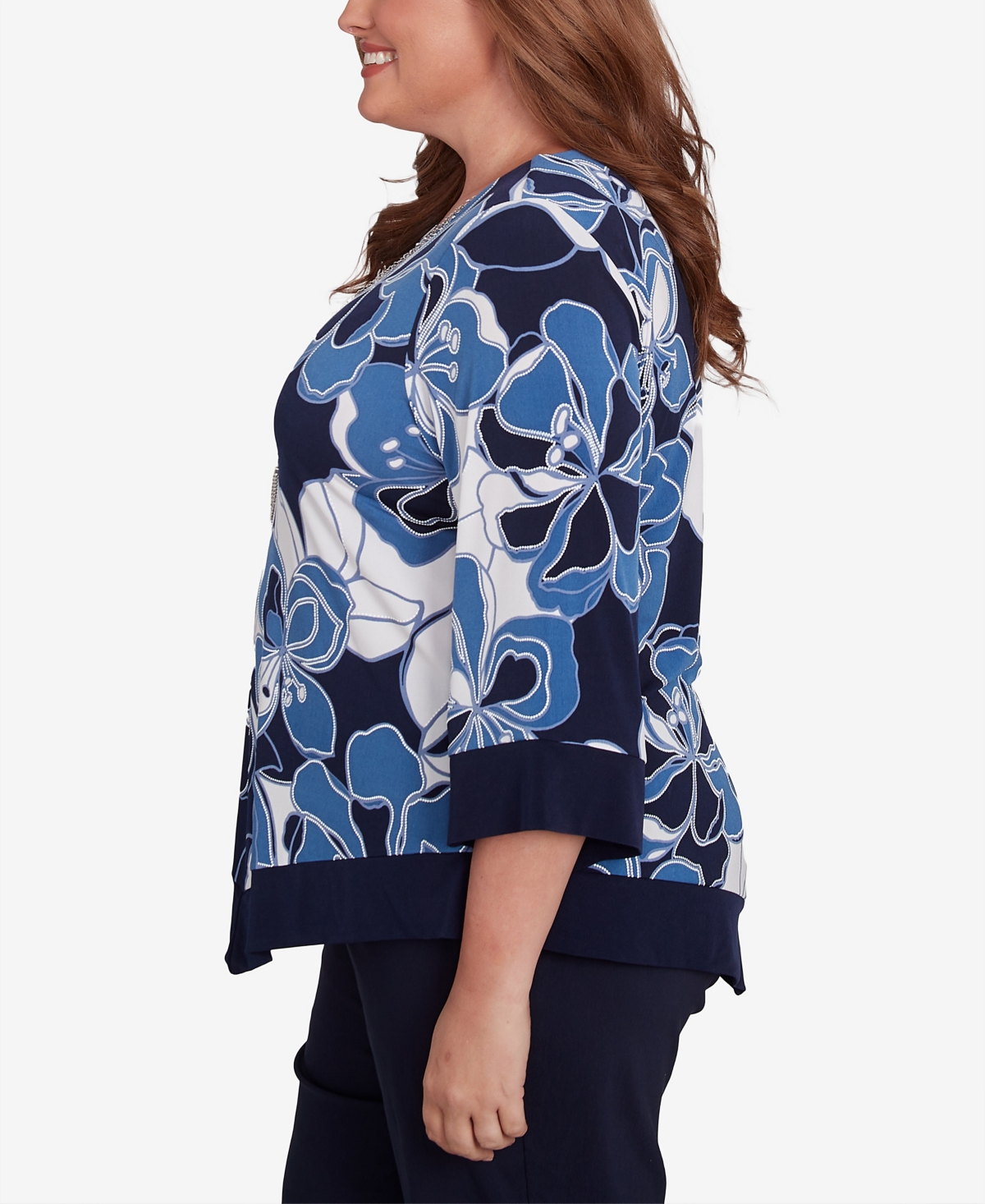 Alfred Dunner Plus Size Classic Abstract Bold Floral Patchwork Top With Necklace In Navy