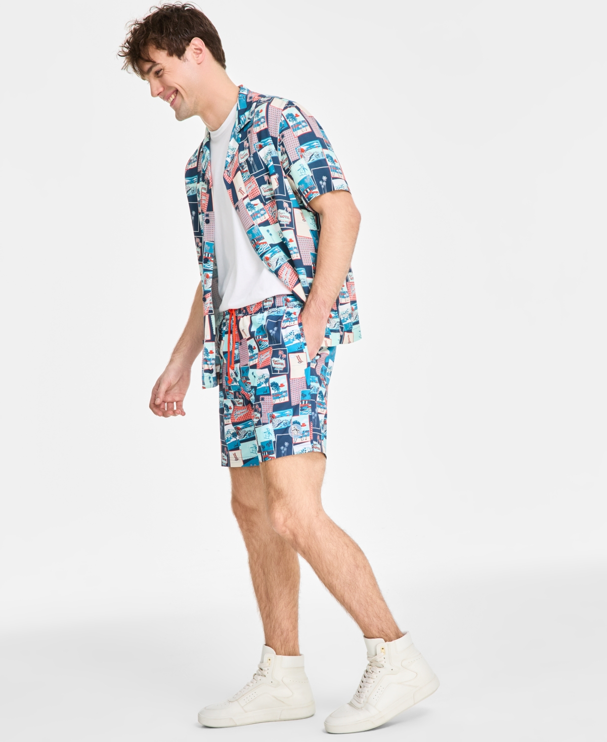 Original Penguin 7 Volley All Over Print Postcard Swim Trunk In Blue