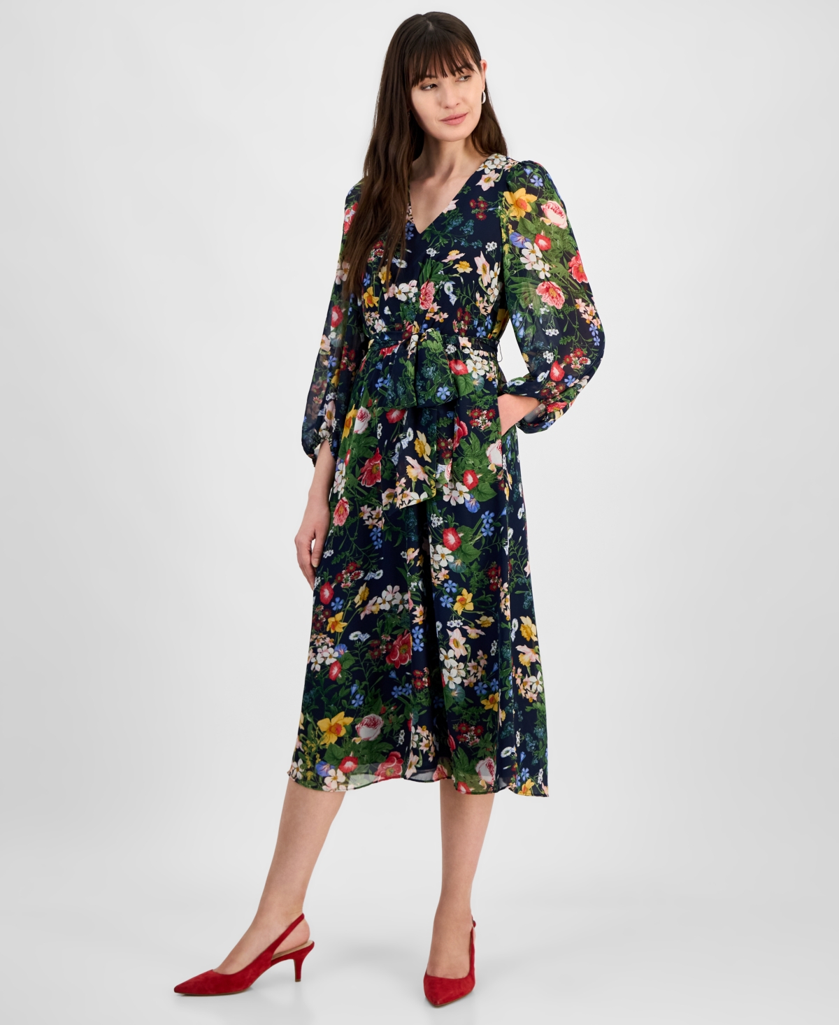 Anne Klein Floral Print Long Sleeve Chiffon Midi Dress In Distant Mountain Multi