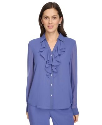 Calvin Klein - Petite Ruffle-Front Long-Sleeve Blouse