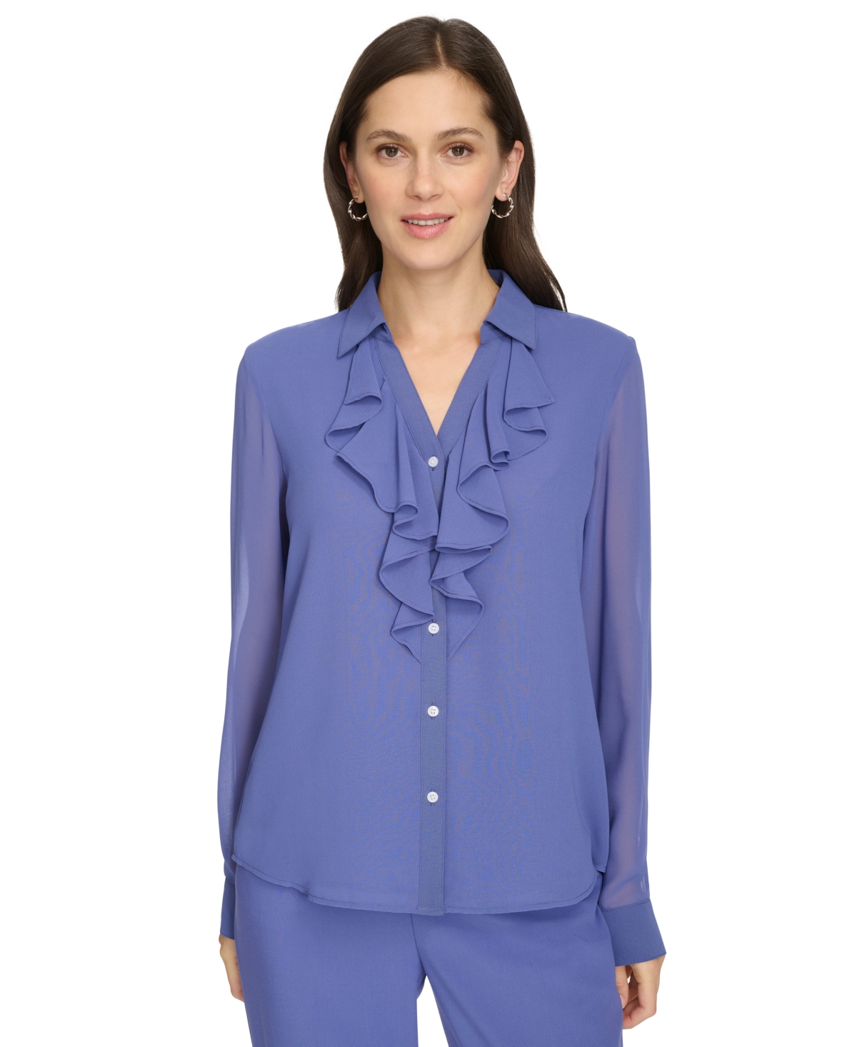 Calvin Klein Petite Ruffle-front Long-sleeve Blouse In Future Dusk