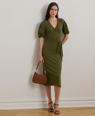 Lauren Ralph Lauren - Women's Belted Rib-Knit Puff-Sleeve Dress