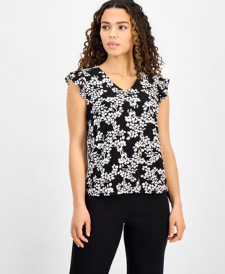 AK Anne Klein - Petite Pleated Flutter-Sleeve V-Neck Top