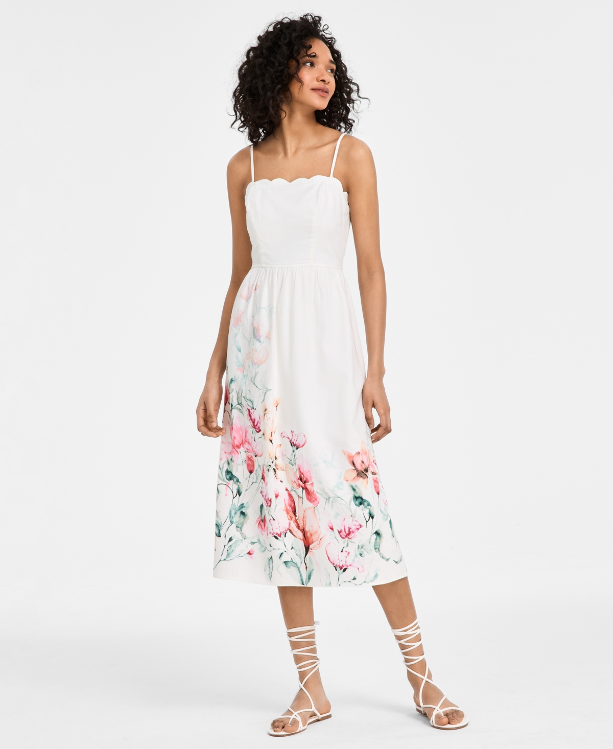 Juniors' Scalloped-Neck Placed Floral Midi Dress - Light Beige
