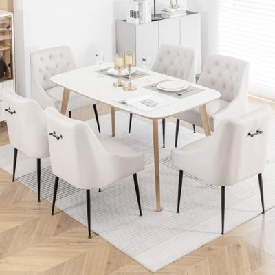 Modern Upholstered Dining Chairs Set of 6, Mid Century Kitchen Side Chairs with 5.12” Cushions and Back Pull Rod for Kitchen, Living Room