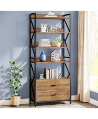 70.8" Industrial Bookshelf with 2 Drawers, 5 Open Shelves for Storage, Rustic Brown for Living Room or Office
