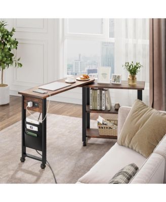 360° Rotating Side Table with Charging Station, Storage Bag & 6 Lockable Wheels Swivel End Table for Bedroom or Living Room