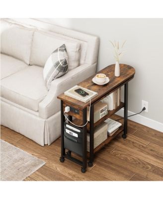 360° Rotating Side Table with Charging Station, Storage Bag & 6 Lockable Wheels Swivel End Table for Bedroom or Living Room