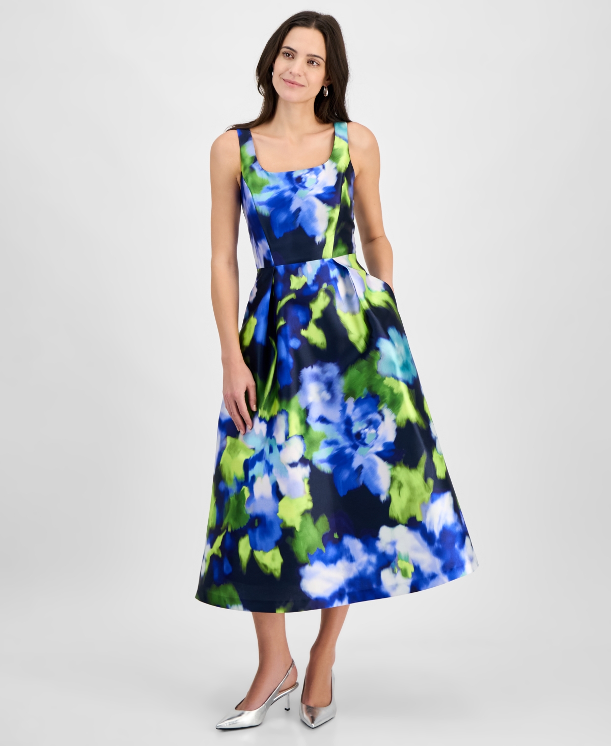 Women's Printed Square-Neck Sleeveless Midi Dress - Navy Multi