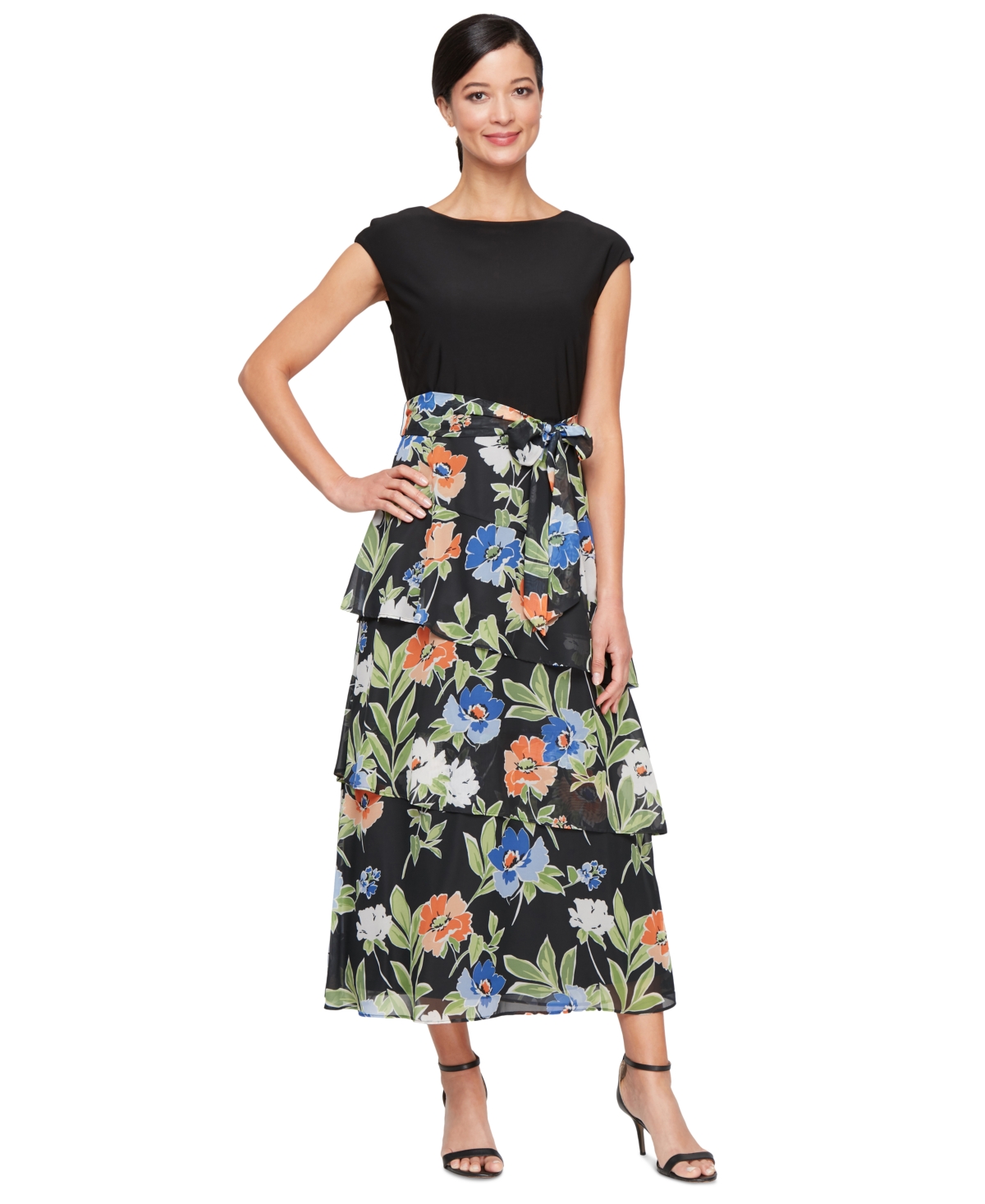 Women's Mixed-Media Belted Tiered Dress - Blk Multi