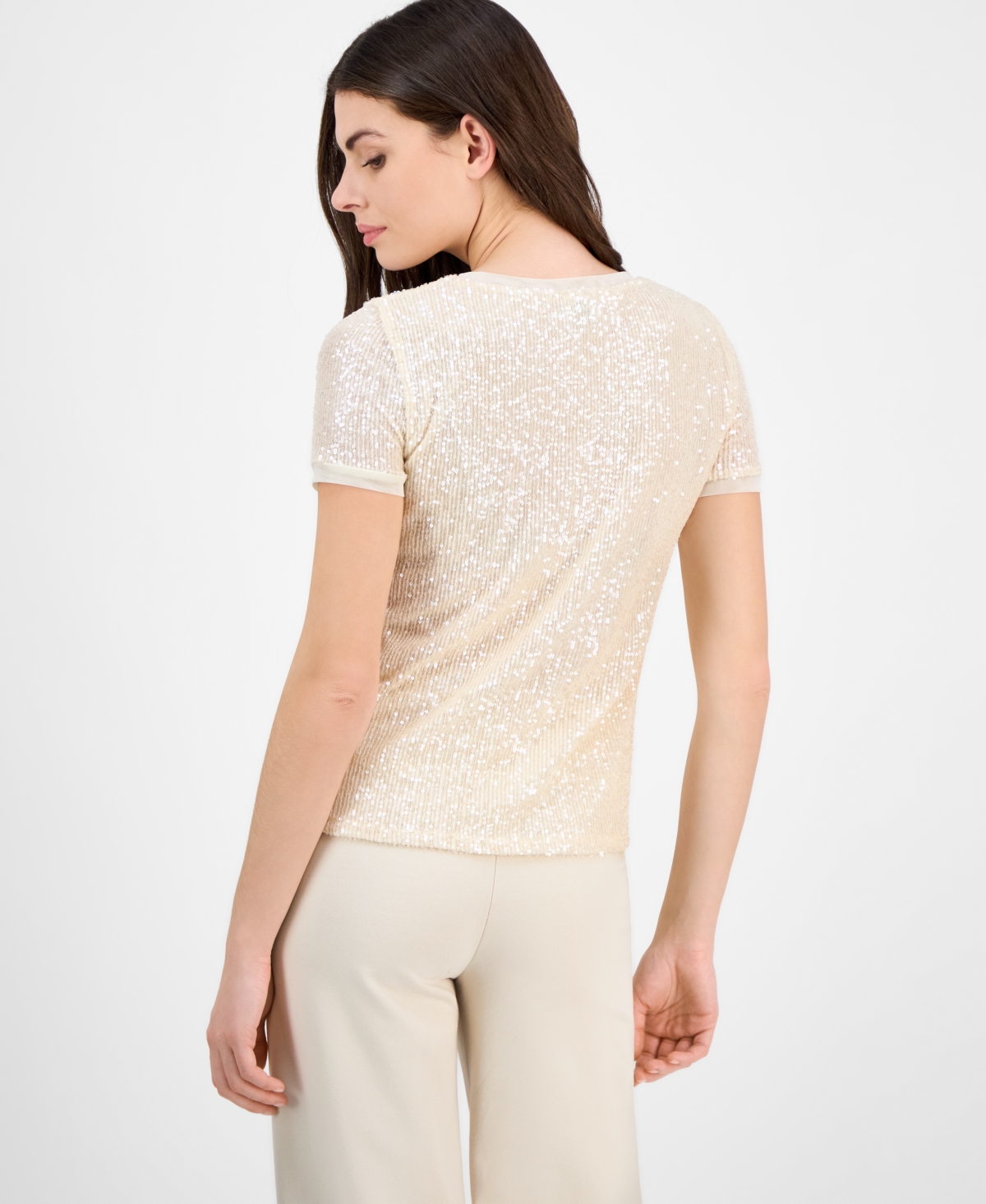 Shop Anne Klein Women's Sequined T-shirt In Soft Latte