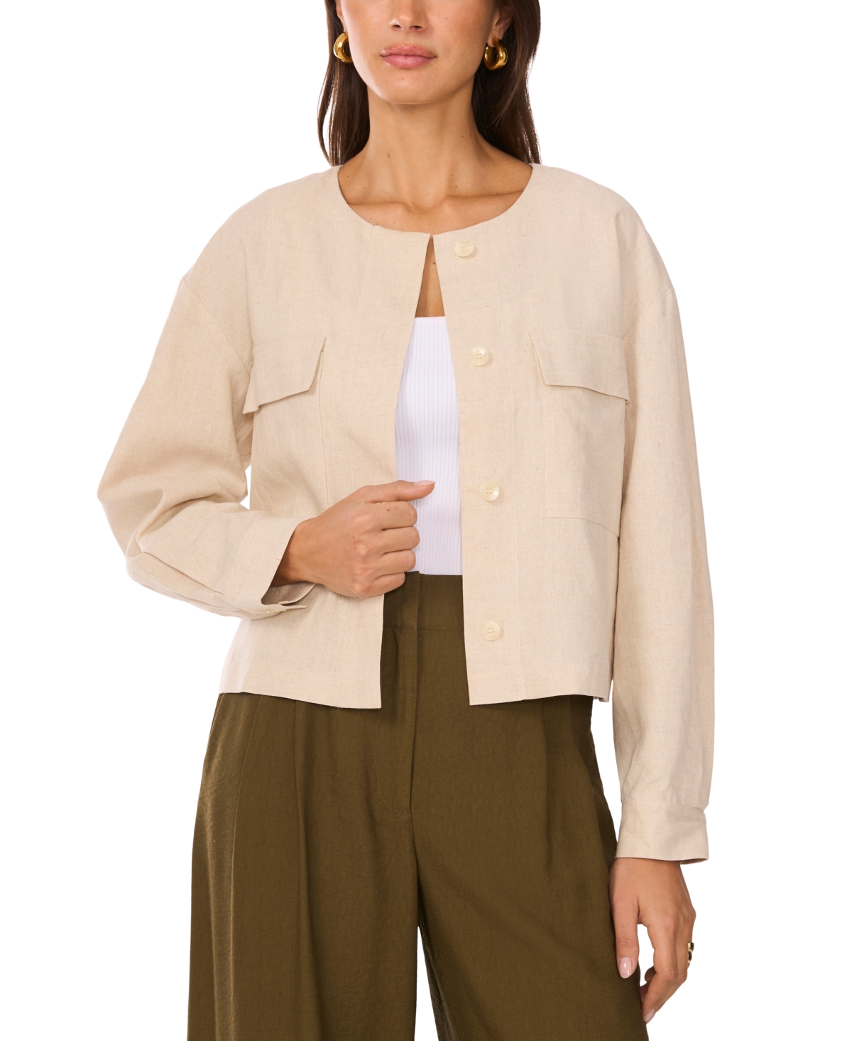Women's Linen-Blend Cropped Jacket - Oyster Grey