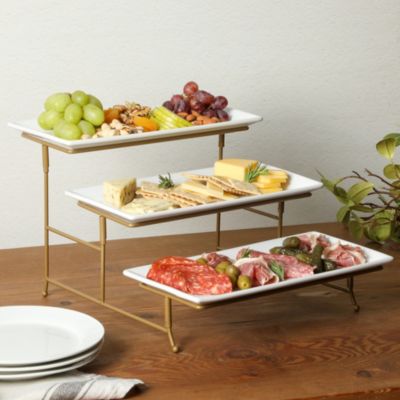 Gracious Dining Dinnerware, 3-Tier Rectangle Plate Serving Set with Gold Metal Stand, White