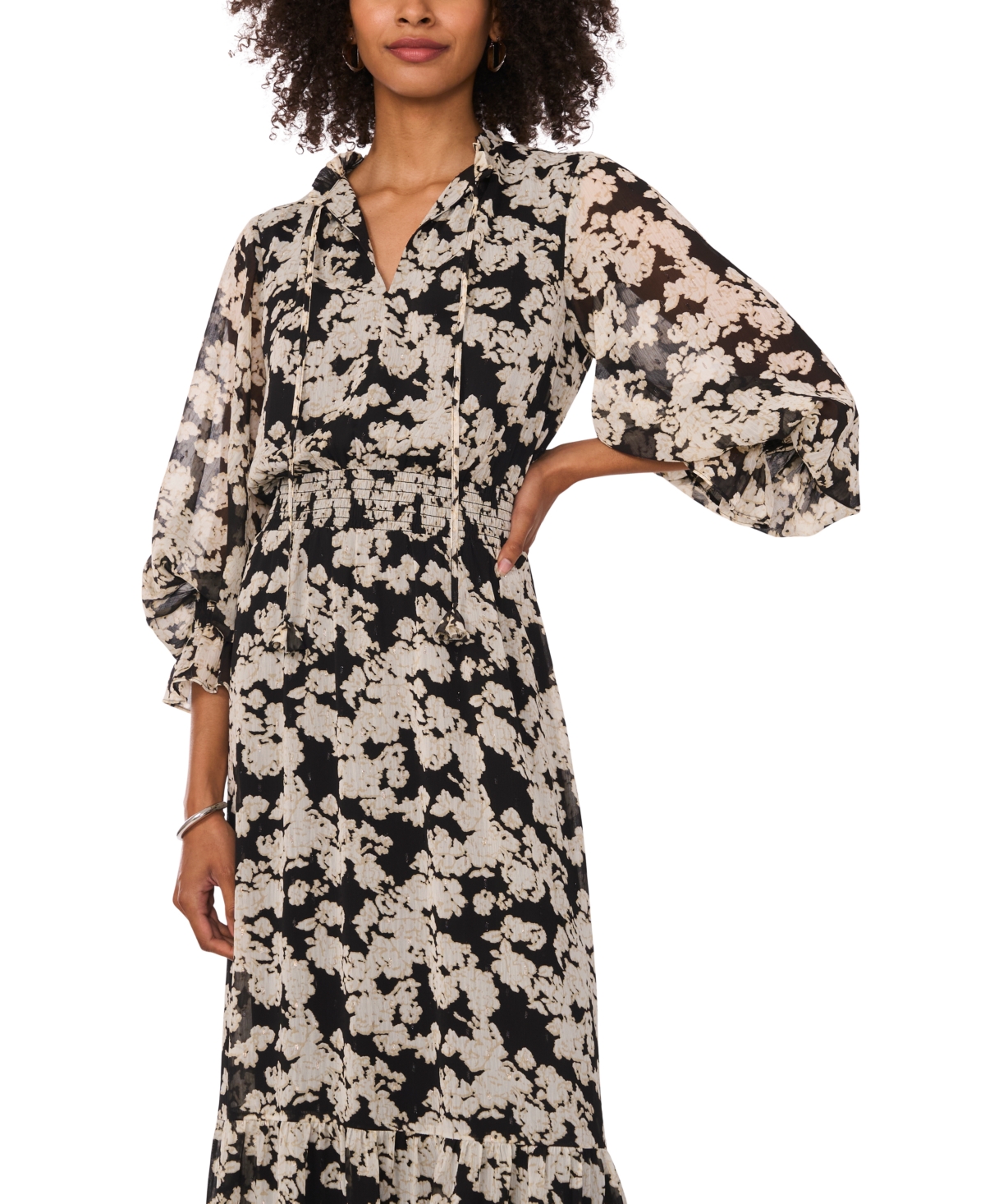 Shop Vince Camuto Women's Floral-print Smocked-cuff Maxi Dress In Rich Black