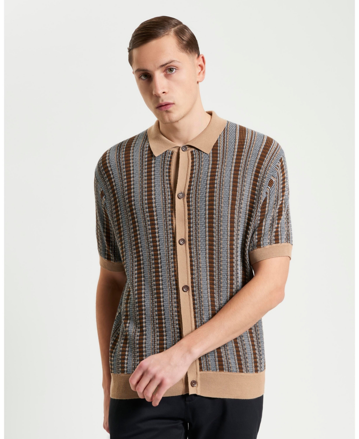 Men's Textured Stripe Knitted Short Sleeve Shirt - Dark navy