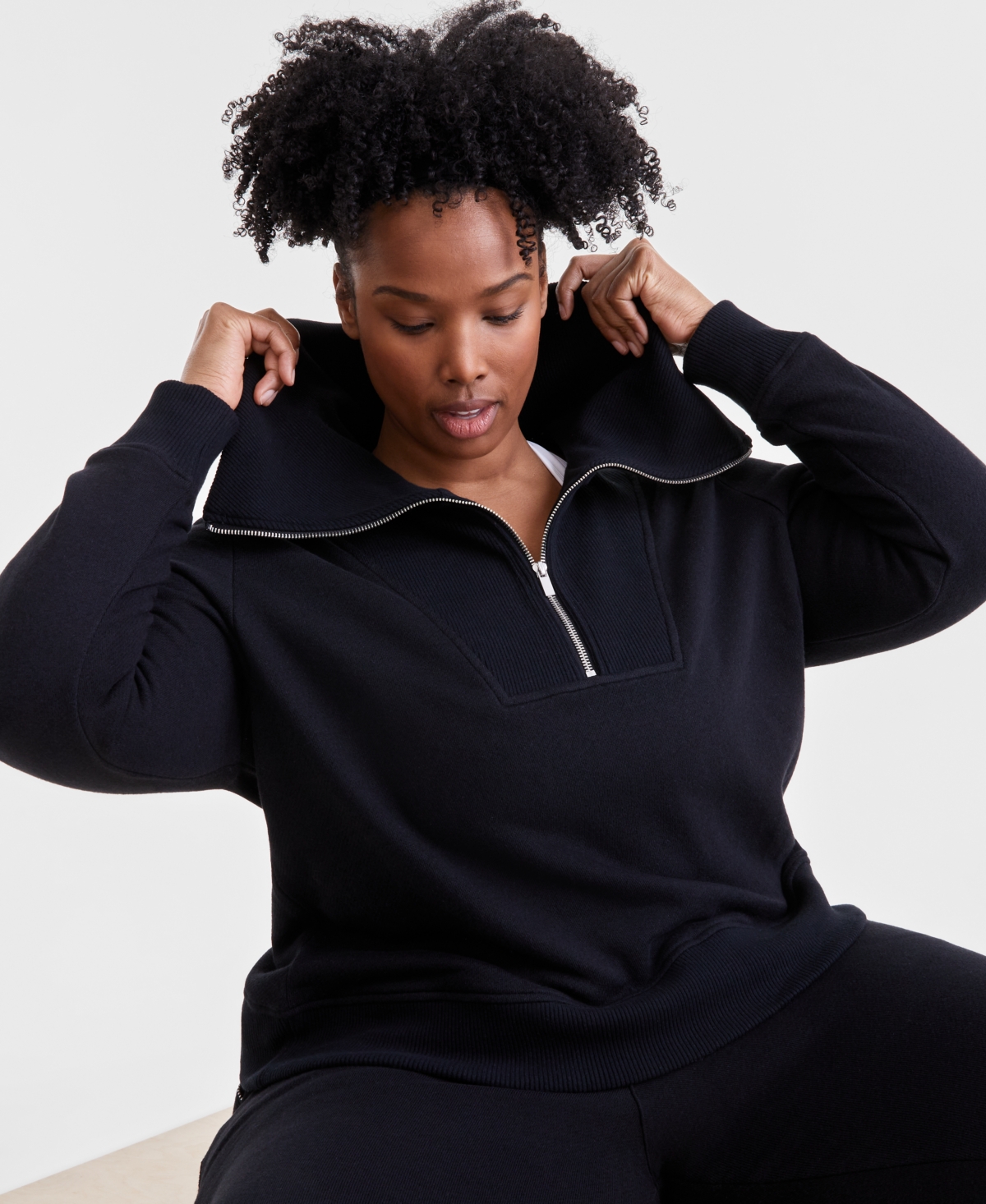Id Ideology Plus Size Shawl-collar Quarter-zip Top, Exclusively At Macy's In Deep Black