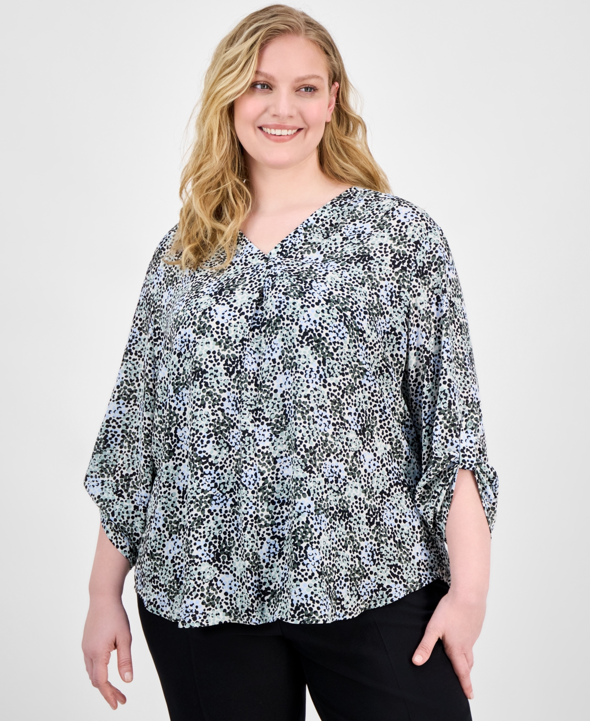 Ak Anne Klein Plus Size Printed Roll-tab-sleeve Tunic In Soft Aloe Multi