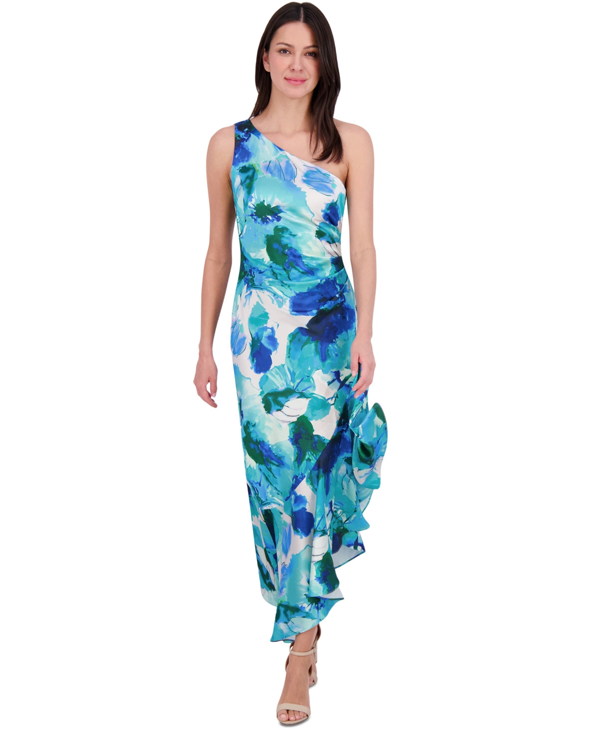 Women's One-Shoulder Satin Asymmetric Dress - Blue