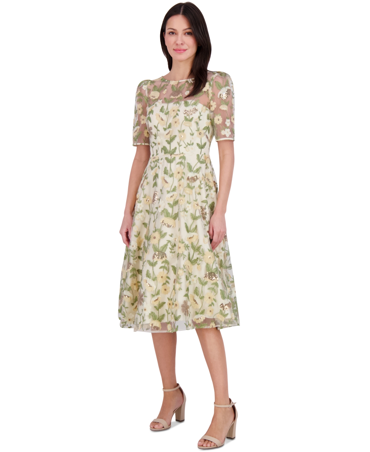 Eliza J Women's Embroidered Puff-sleeve Fit & Flare Midi Dress In Yellow