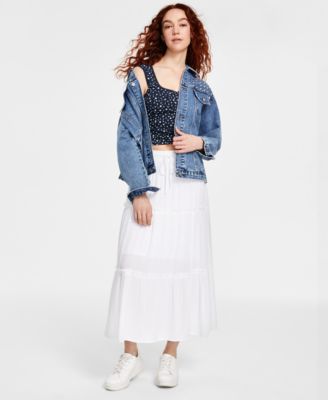 Studded Denim Jacket Ditsy Print Tank Tiered Maxi Skirt