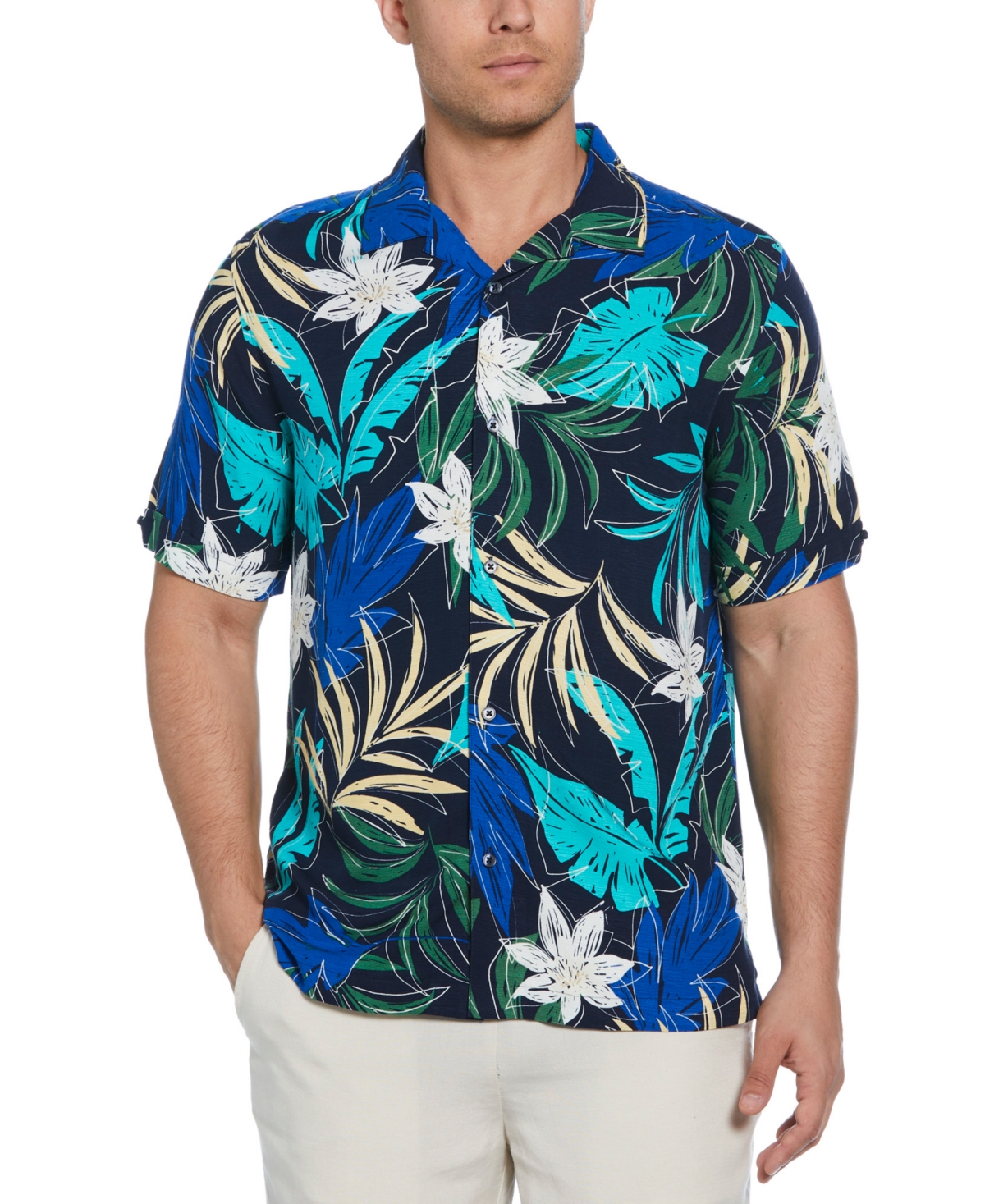 Men's Tropical Print Short Sleeve Button-Down Shirt - Dress Blues