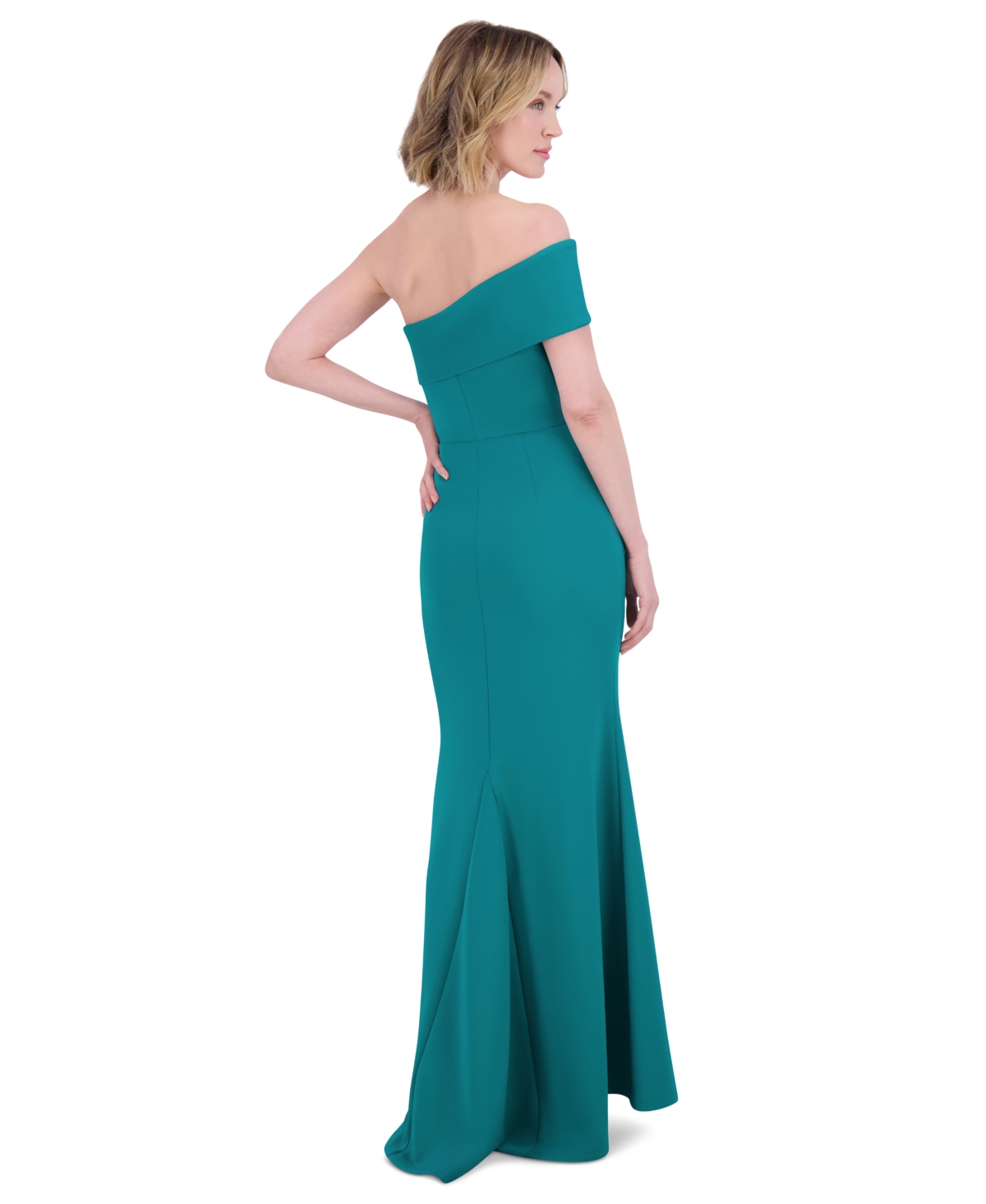 Shop Eliza J Women's Asymmetric-neck Side-pleat Scuba Gown In Jade