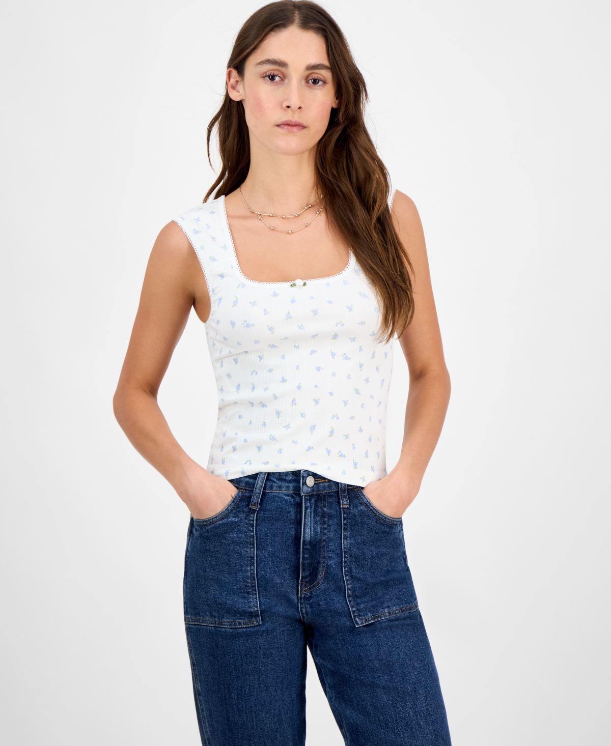 Juniors' Pointelle Ditsy Print Seamless Tank - White Ditsy