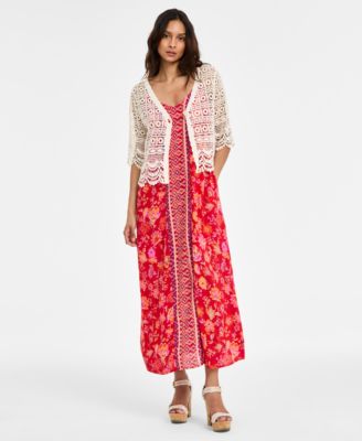 Womens Floral Print Spaghetti Strap Maxi Dress Crochet Lace Short Sleeve Cotton Bolero Sweater