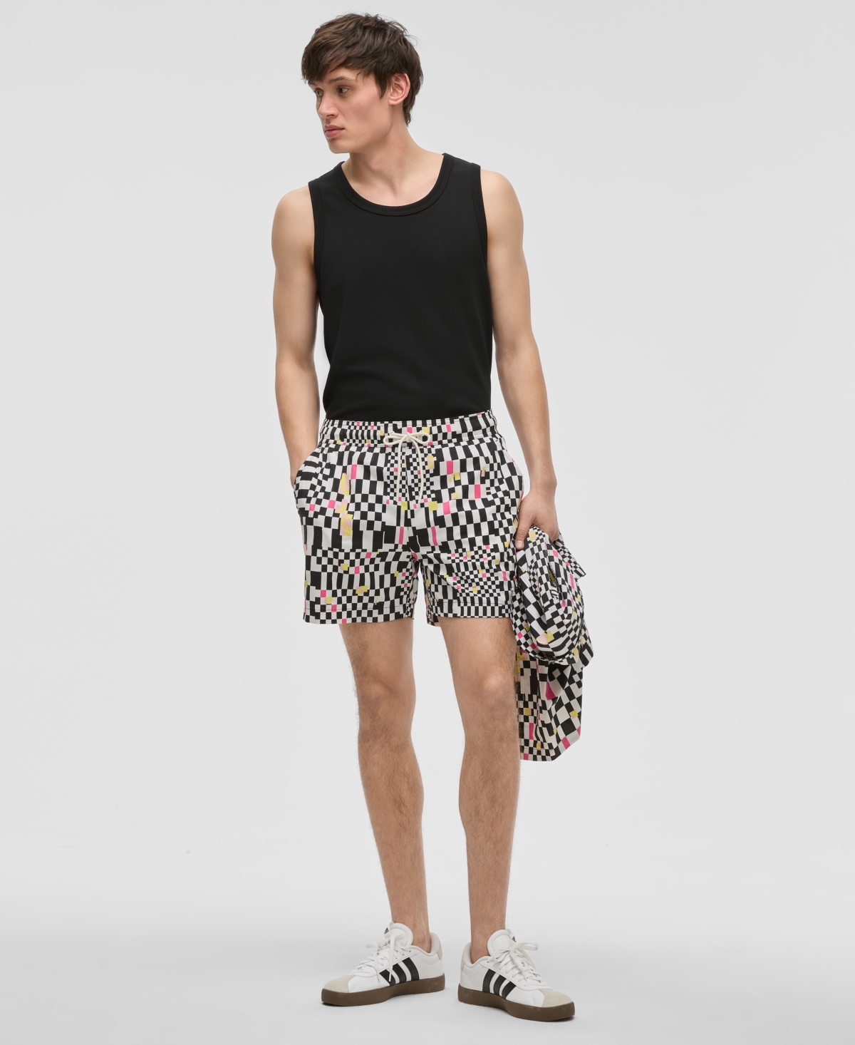 Mode Of One Men's Mixed Check Regular-fit Printed Swim Trunks, Exclusively At Macy's In Deep Black